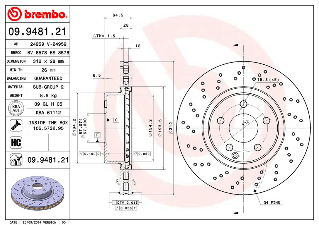 Mercedes Brembo Disc Brake Rotor - Front (312mm) 230421041264